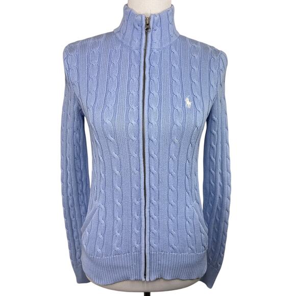 Ralph Lauren Sweaters - Ralph Lauren Light Blue Cable Knit Cardigan White Pony Y2K 100% Cotton